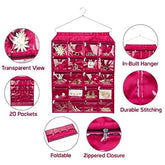 Kuber Industries Hanging Jewellery Organisers with 20 Zipper Pockets|Metal Hanger|Zipper Pockets (Pink)